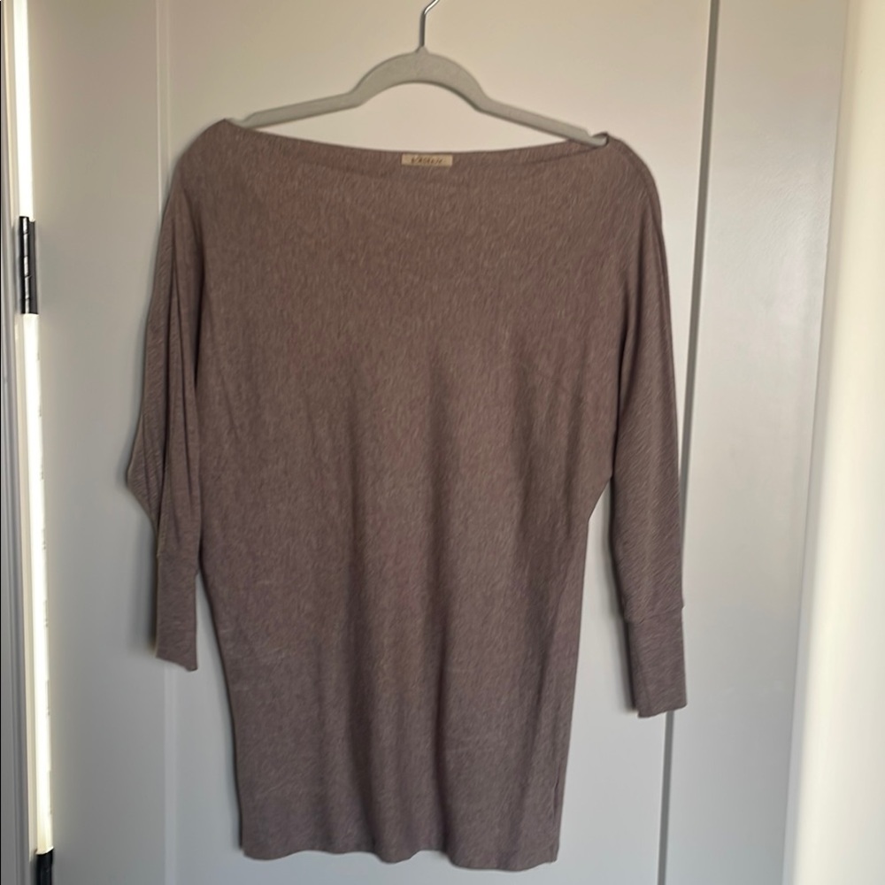 Brown Off-the-Shoulder Sweater with Three-Quarter Sleeves